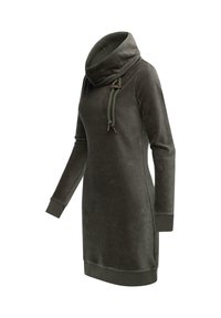 Dunkelgrünes, weiches Hoodie-Kleid mit Kapuze, Zugbanddetails, langen Ärmeln sowie gerippten Bündchen und Saum. Glatte Textur, knielang.