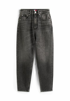 Jeans in denim nero con vita alta e gamba dritta. Presentano cinque tasche, passanti per cintura e una piccola etichetta con logo sul cinturino.
