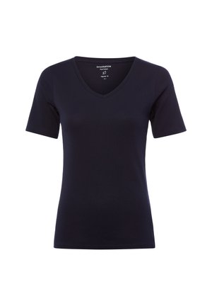 Czarny bawełniany T-shirt z krótkim rękawem i dekoltem w kształcie litery V, o regularnym kroju, rozmiar mały, przedstawiony na białym tle.