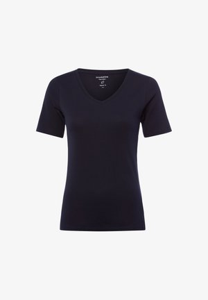 Czarny bawełniany T-shirt z krótkim rękawem i dekoltem w kształcie litery V, o regularnym kroju, rozmiar mały, przedstawiony na białym tle.