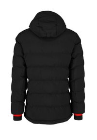 Black puffer jacket with a hood, featuring horizontal quilted design, elastic cuffs with red accents, and a slightly curved hem.