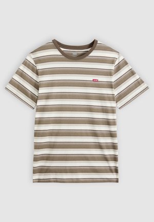 Brown and white striped t-shirt with a short sleeve design, a ribbed brown collar, and a small red Levi's logo on the chest.