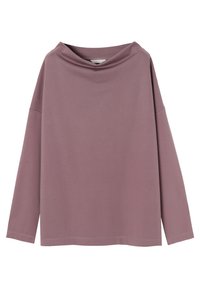 Dlhý rukáv top v odtieni mauve, so voľným dekoltom a uvoľneným strihom. Vyrobené z mäkkej, hladkej látky bez viditeľných vzorov alebo akcentov.