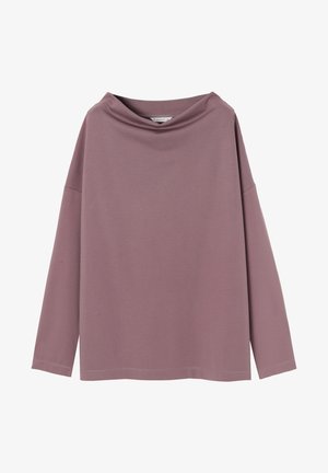 Langsleevetop in mauve, met een gedrapeerde collijn en een losse pasvorm. Gemaakt van zachte, gladde stof zonder zichtbare patronen of accenten.