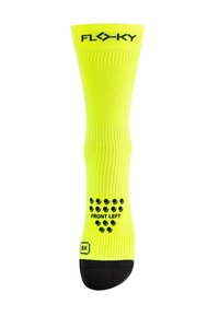 Calzino sportivo giallo neon con texture a coste, dettagli neri sulla punta e punti antiscivolo sulla suola. Stampa "FRONTE SINISTRO" e taglia "SX".
