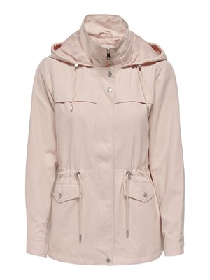 Giacca con cappuccio rosa chiaro con cerniera frontale, bottoni a pressione, coulisse in vita e tasche con patta.