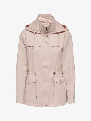 Giacca con cappuccio rosa chiaro con cerniera frontale, bottoni a pressione, coulisse in vita e tasche con patta.