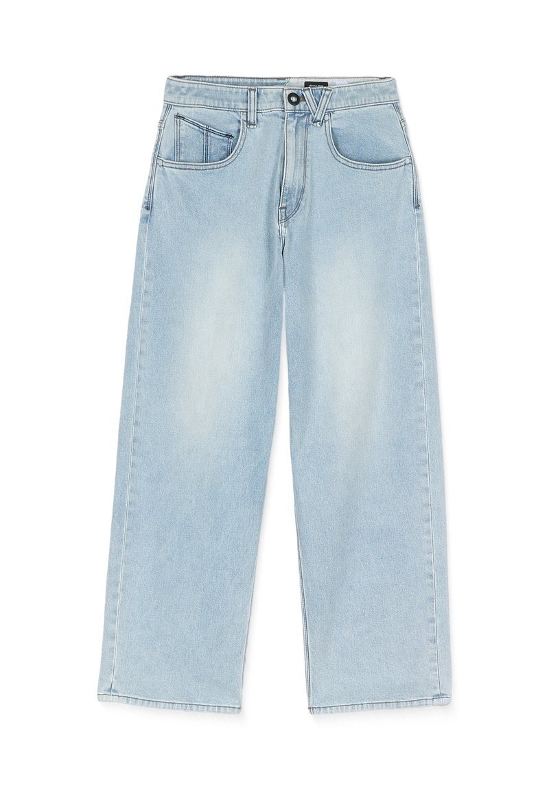 Jean en denim bleu clair à jambes larges. Dispose d'une fermeture à bouton sur le devant, de cinq poches et de détails de décoloration sur les jambes.