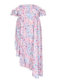 Abito floreale in blu, rosa e rosso con orlo asimmetrico. Presenta maniche scoperte sulle spalle e tessuto leggero e fluido.