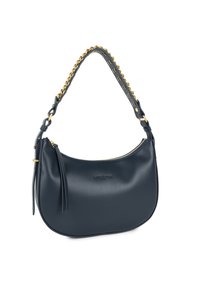 Sac à épaule en cuir navy au design arrondi, avec une chaîne dorée sur la sangle, une fermeture éclair et des glands en cuir fins.