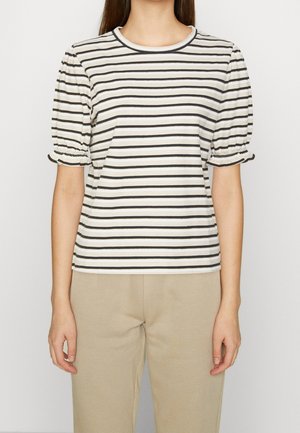 T-shirt à manches courtes rayé crème et noir, avec un col rond et des manches ballon à élastique froncé. Matière en coton doux.