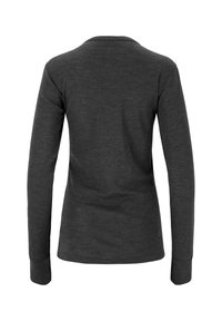 Langarm, slim fit shirt in donkergrijze stof. Heeft een ronde halslijn en een gladde textuur zonder zichtbare patronen of hardware.