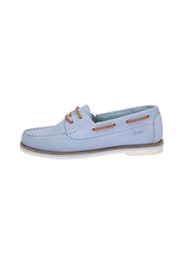 Hellblaue Lederbootsschuhe mit hellbraunen Schnürsenkeln, weißer Sohle und Steppdetails. Verfügt über Metallösen und ein gepolstertes Innenfutter.