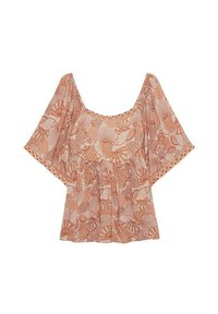 Top con estampado floral en suaves tonos melocotón, que presenta un escote cuadrado, mangas cortas acampanadas y un corte relajado con detalles fruncidos.
