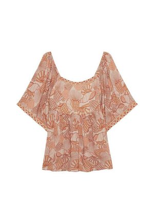 Top con estampado floral en suaves tonos melocotón, que presenta un escote cuadrado, mangas cortas acampanadas y un corte relajado con detalles fruncidos.