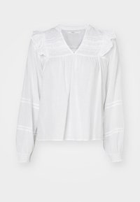 White long-sleeve blouse with ruffle details on shoulders, a V-neckline, and gathered cuffs. Features horizontal striping along sleeves.