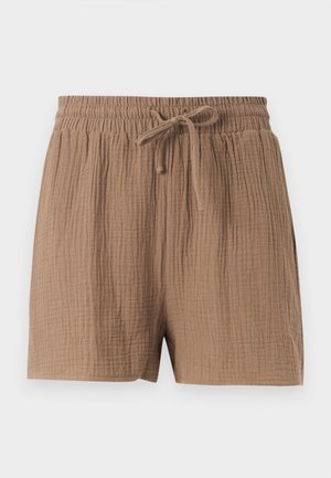 Καφέ υφασμάτινα βαμβακερά σορτς με ελαστική μέση και εσωτερικό κορδόνι μπροστά, σε απλό ανοιχτό φόντο.