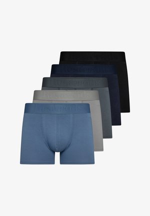Conjunto de bóxer para hombres que incluye seis pares en diferentes tonos de azul, gris y negro, hechos de una tela suave con cinturillas elásticas de marca.
