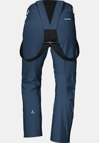 Marineblaue wasserdichte Skihosen mit verstellbaren Schulterträgern, zwei Seitentaschen und einer glatten, strapazierfähigen Textur. Mit Branding auf der Rückseite.