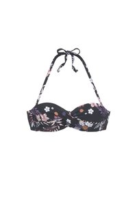 Čierny bikiny top s kvetinovým vzorom, ktorý obsahuje ružové, fialové a biele kvety. Zkrutný predný dizajn a kravaty za krkom. Hladká tkanina.