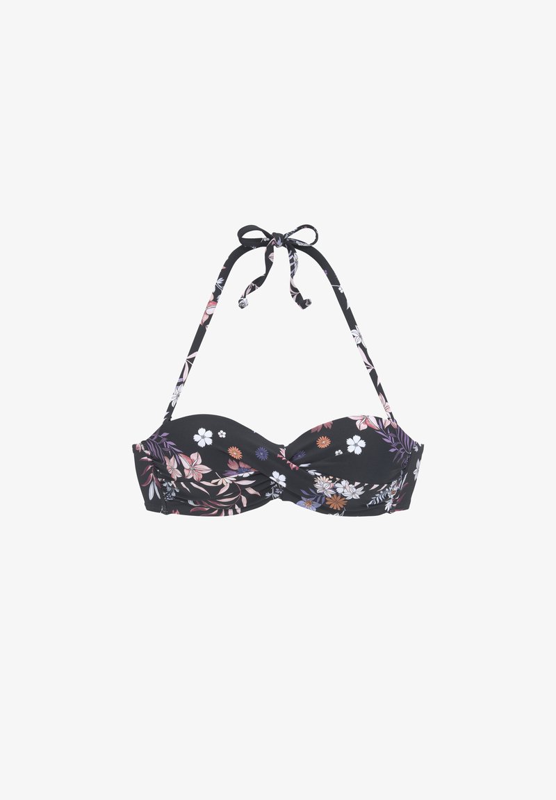 Top bikini nero con motivo floreale caratterizzato da fiori rosa, viola e bianchi. Design con fronte attorcigliato e lacci al collo. Tessuto liscio.