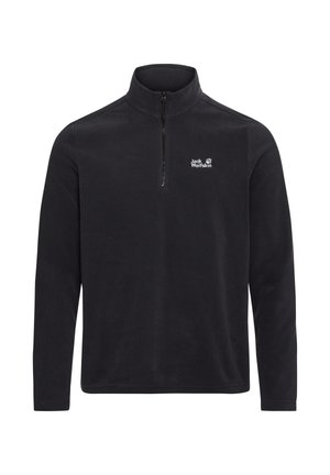 Pull-over polaire noir avec un col montant et une demi-fermeture éclair, arborant un logo blanc discret sur la poitrine gauche et des manches longues.
