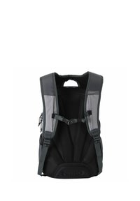 Black and grey backpack with a mesh back panel, adjustable straps, and a buckle. Features streamlined design and durable material.