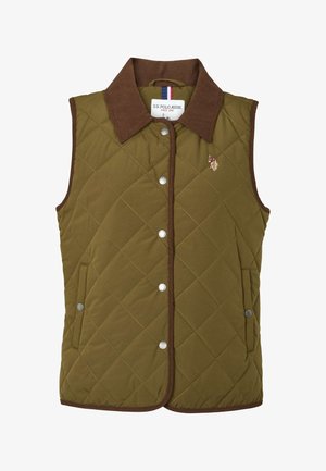 Pihe-puha olívazöld mellény barna kordbársony gallérral, fém patentgombokkal, oldalzsebekkel és hímzett logóval a mellrészen.