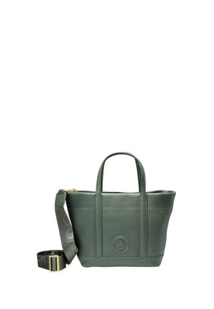 Temno zelena usnjena torba z dvema kratkima ročajema in nastavljivim črnim ramenskim trakom z zlatim zaponkom.