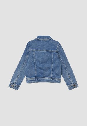 Blaue Jeansjacke mit klassischem Kragen, geknöpften Manschetten und tailliertem Schnitt. Mit sichtbaren Nähten und zwei Gesäßtaschen ausgestattet.