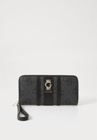 Black textured wallet featuring a gold logo, horizontal stripes, and a wrist strap. Patterned fabric with sleek lines and minimal accents.