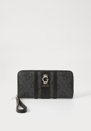 Black textured wallet featuring a gold logo, horizontal stripes, and a wrist strap. Patterned fabric with sleek lines and minimal accents.