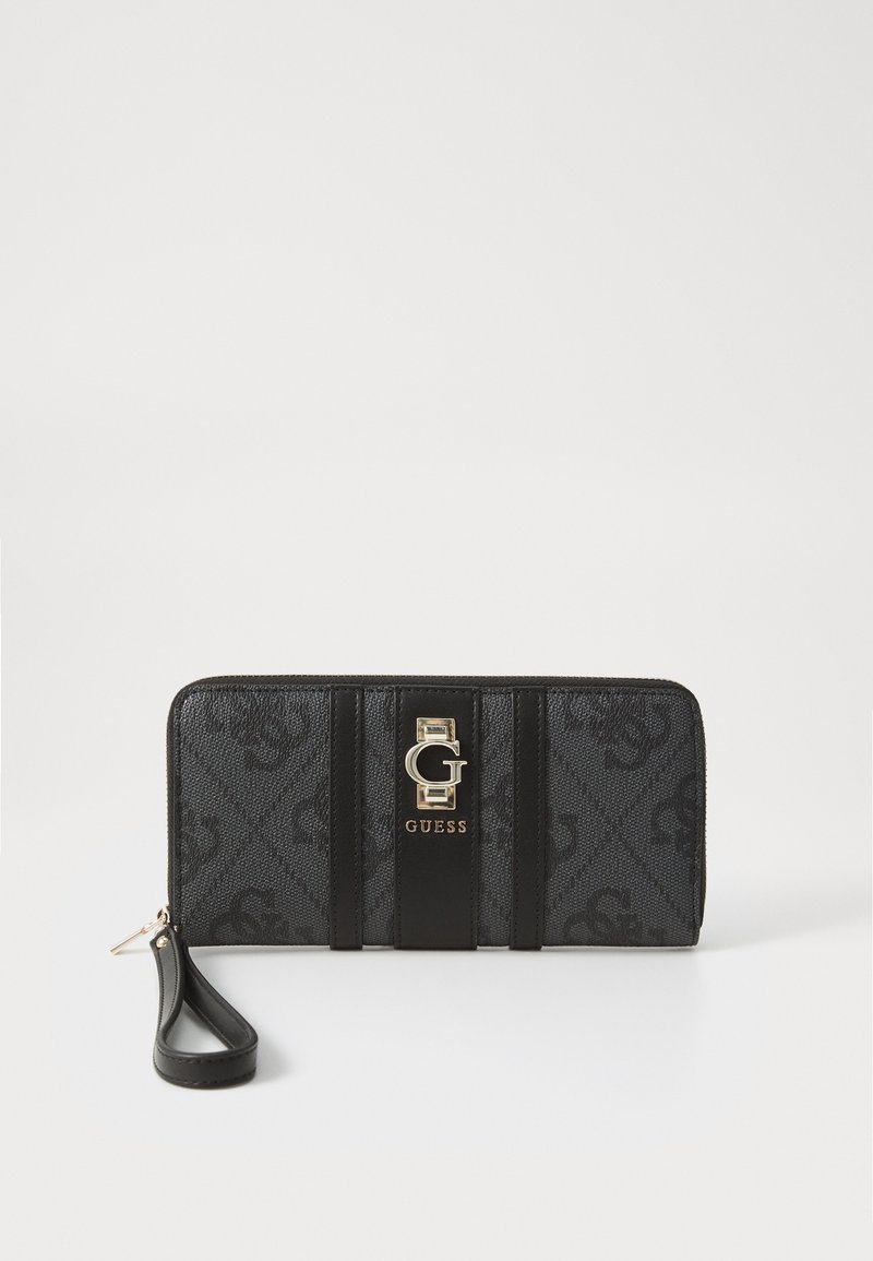 Black textured wallet featuring a gold logo, horizontal stripes, and a wrist strap. Patterned fabric with sleek lines and minimal accents.