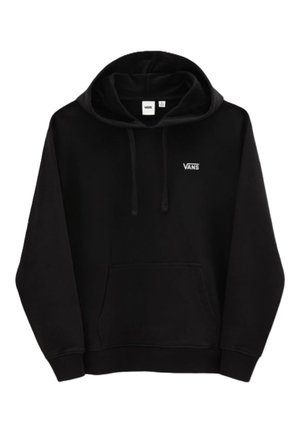 Black Vans hoodie with front pouch pocket, drawstring hood, and small white Vans logo on the chest.