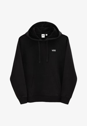 Zwarte Vans hoodie met een voorzak, capuchon met trekkoord en een klein wit Vans-logo op de borst.