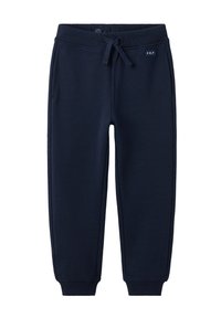 Marineblauwe sweatpants met een trekkoord in de taille, elastische boorden en een klein merklabel aan de zijkant. Gemaakt van zacht katoen.