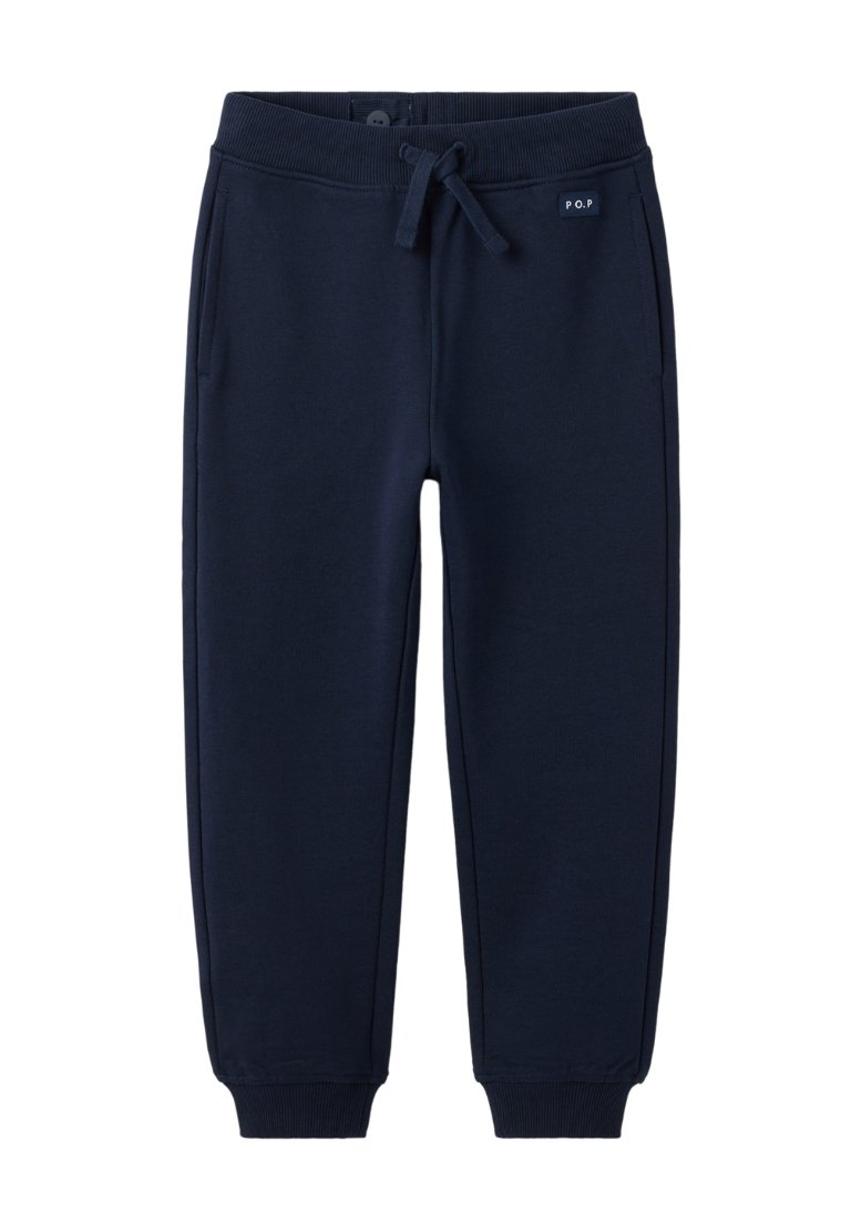 Marineblauwe sweatpants met een trekkoord in de taille, elastische boorden en een klein merklabel aan de zijkant. Gemaakt van zacht katoen.