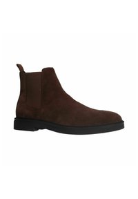 Bruine suède Chelsea-boots met een trekhaak, elastische zijpanelen en een vlakke zwarte zool, met een gladde textuur en gestroomlijnd ontwerp.