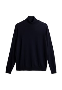 Hauptblaues Rollkragensweatshirt aus weichem Strickstoff. Verfügt über lange Ärmel und eine lockere Passform mit einem gerippten Kragen und Saum.