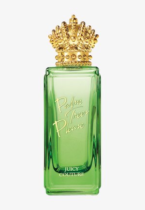Grøn rektangulær parfume flaske med guldkrones låg, mærket "Palm Trees Please" og "Juicy Couture" i guldskrift.