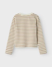 Camiseta de manga larga con rayas horizontales en beige y crema, confeccionada en una suave tela, con escote redondo y un silueta corta.