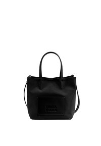 Borsa a tracolla nera realizzata in materiale resistente, con una superficie testurizzata, due manici e un pannello anteriore con logo in rilievo.