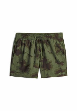 Herren-Badeshorts mit grün-dunkelbraunem Camouflage-Muster, elastischem Bund und vorderem Kordelzug, zwei Seitentaschen.