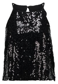 Haut noir en sequins avec un col montant et un dos ajouré. Présente une surface scintillante et texturée composée de multiples sequins ronds.
