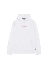 Felpa bianca realizzata in cotone, con un logo rosa sulla parte anteriore, tasca frontale e cappuccio con coulisse regolabile.