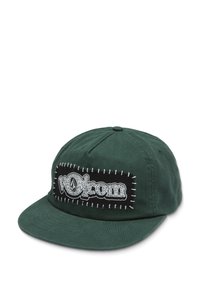 Cappellino in cotone verde con un patch logo nero cucito che riporta la scritta "volcom." Ha un visiera piatta e un tessuto testurizzato.