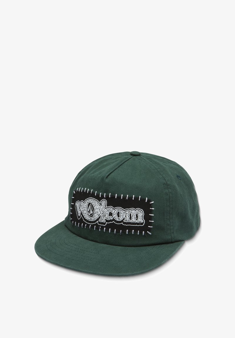Casquette en coton verte avec un patch logo noir brodé portant "volcom." Dotée d'une visière plate et d'un tissu texturé.