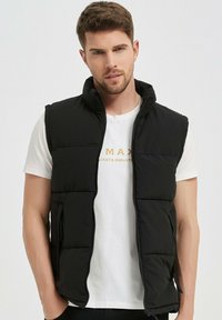 Gilet en nu-pas noir avec un col montant, un design matelassé, deux poches latérales et une fermeture éclair à l'avant, porté sur un t-shirt blanc.