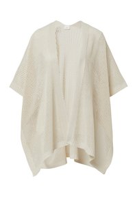 Cardigan de style kimono en tricot couleur crème, avec une ouverture frontale, des manches courtes et une texture lâche et aérée avec un motif en nid d'abeille.
