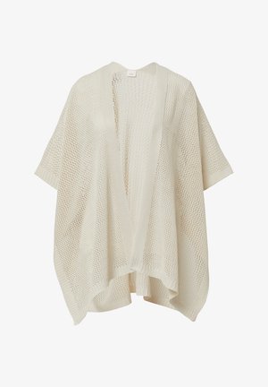 Gebreide kimono-stijl cardigan in roomkleur, met een open voorkant, korte mouwen en een losse, luchtige textuur met een honingraatpatroon.